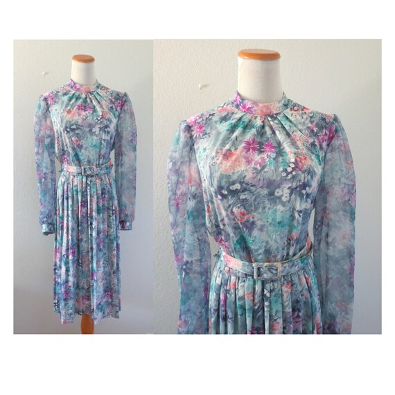 Vintage Pastel Floral Dress 70s 80s Garden Party … - image 1