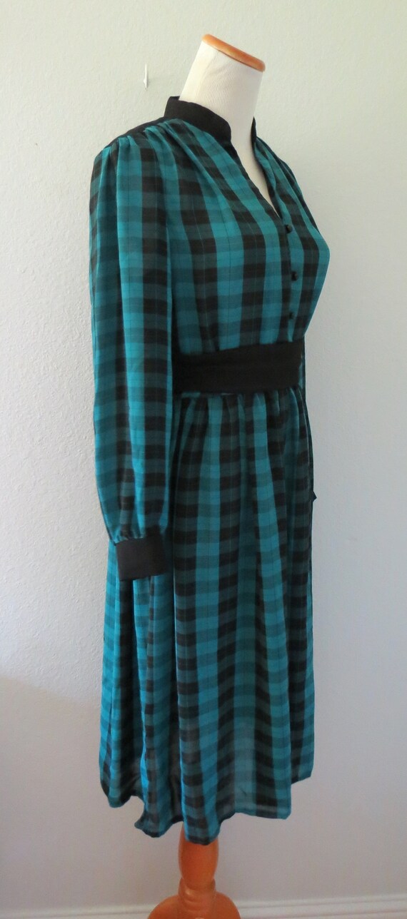 Plaid Secretary Dress Teal Black 80s Office Dark … - image 6