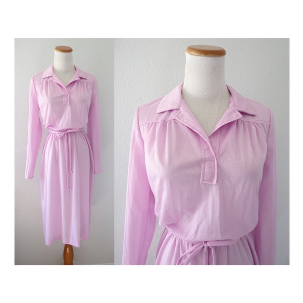 Vintage 80s Dress Pastel Secretary Style Dress Pink Purple Long Sleeves - Size XS Small