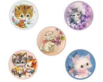 Cat Pinback Buttons Set - Vintage Reproduction Kitten Button Pins