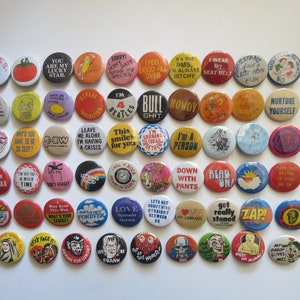 Vintage Style Pinback Buttons -  60s 70s 80s Misc. Novelty Pins - You Choose - Reproduction Retro Pin Button - 1&quot; & 1.25&quot; - Made to Order