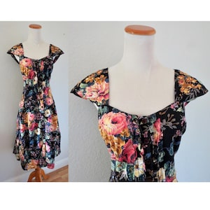 Vintage 90s Floral Midi Dress - Romantic Flower Print Cotton Button Front Autumn Fall Dress by Starina - Size Medium