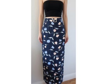 Vintage Floral Skirt - 90s High Waisted Blue Flower Print Midi - Size Small