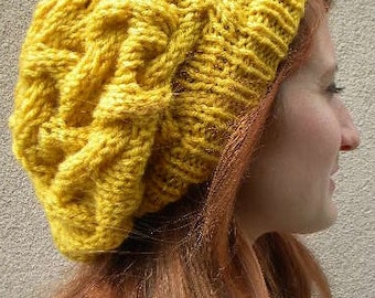 May include: A yellow knitted beanie with a cable knit pattern.