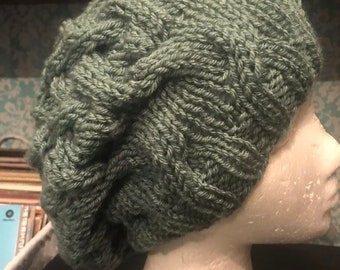 Dusty teal slouchy cable knit hat