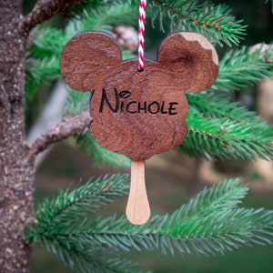 Mickey ice cream Christmas ornament, engraved Walnut and Maple, personalized Mickey Christmas decor