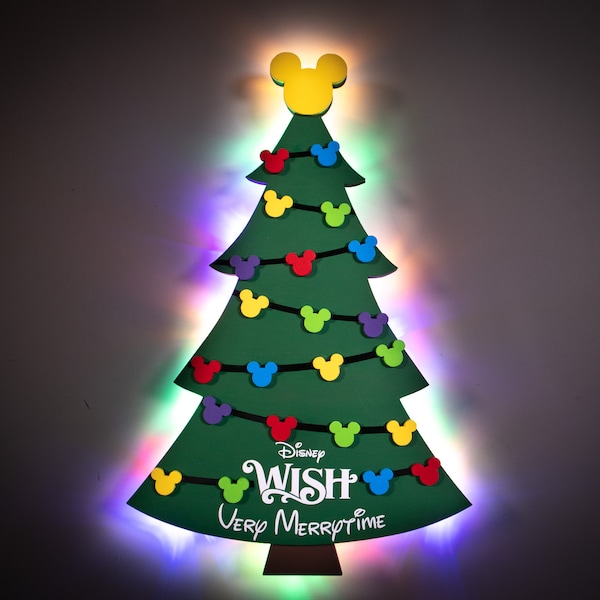 Mickey Christmas Tree Disney Cruise Door Magnet with LED lights, Wooden Very Merrytime Cruise magnet, Mickey xmas wall decor