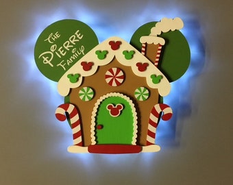 Mickey Christmas Gingerbread house Disney Cruise Door Magnet with LED lights, Wooden Very Merrytime Cruise magnet, Mickey xmas wall decor