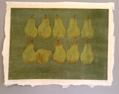 Vintage MidCentury Woodblock of Ten Pears on Green by Beverly Hackett