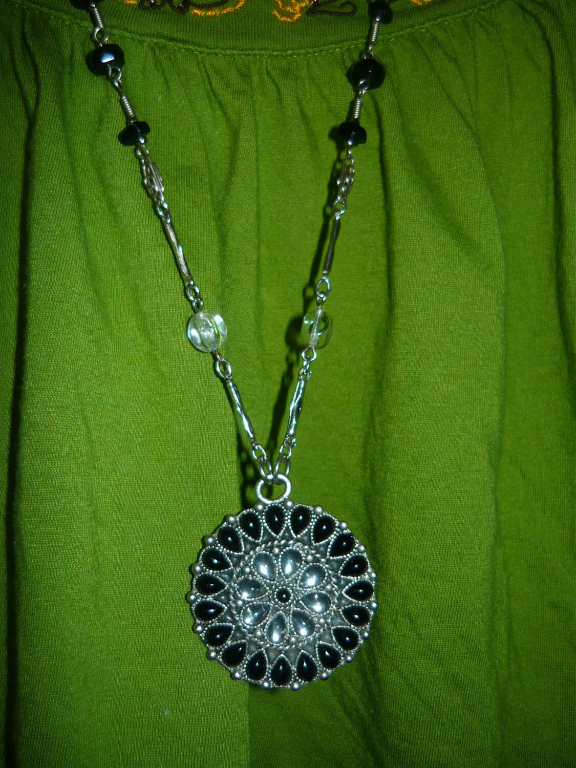 Long black and silvertone bead chain work with medallion. Etsy