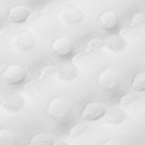 May include: Close-up of a white, textured fabric with a raised dot pattern. The soft material has a plush appearance, with a subtle sheen. The design creates a tactile, three-dimensional effect, suitable for various textile applications.
