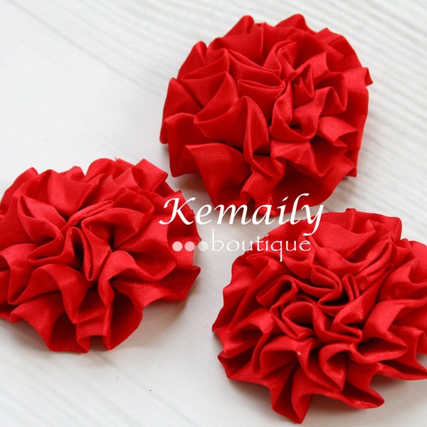 3 Pack Red Satin Puff Rolled Rosette Flowers, Fabric Flower, Craft Supplies, DIY Flower, DIY supplies, Embellishment