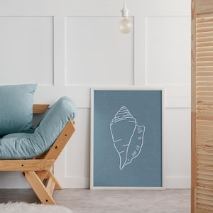 Seashell Art Print - White Seashell on Blue Background - Coastal Decor for Beach Homes