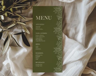 Indisches Hochzeitsmenü Vorlage, Botanische Desi-Empfang Abendkarte, Minimalistische Hochzeitsmenü Karte Canva, Elegante Blumen Tisch Dekor Printable
