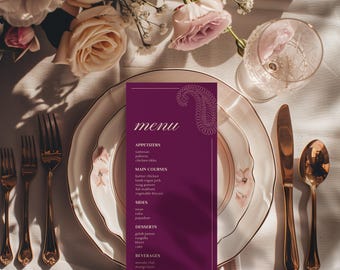 Moderne indische Hochzeitsmenü-Vorlage, Paisley-Design, bearbeitbares Empfangsdekor (digitaler Download)