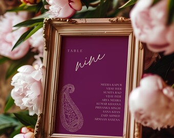 Moderne Paisley-Hochzeitstischnummern mit Namen, indisches Desi-Dekor, bearbeitbare Canva-Vorlage (5x7)