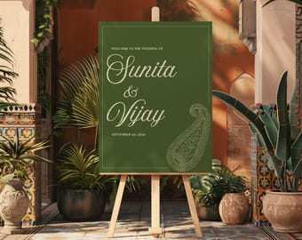 Indisches Hochzeit Willkommensschild, Paisley-Dekor, bearbeitbare Canva-Vorlage (Digitaler Download)