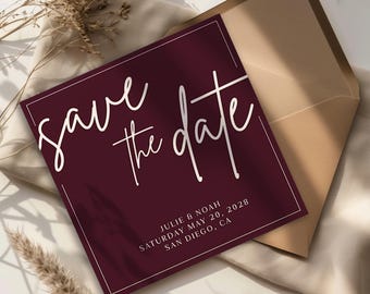 Moderne Save the Date-Vorlage, minimalistische Hochzeitsansage, bearbeitbare Canva-Vorlage, einfaches handbeschriftetes Skript, 14x14 cm