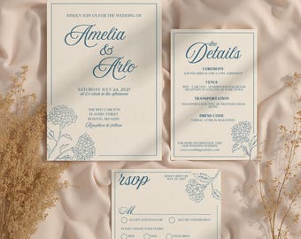 "Hand-Illustrierte Hortensien Hochzeitseinladung, Küstengarten ""Leinwand-Vorlage"" (Digitaler Download)"