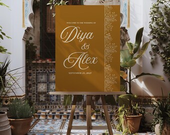 Vorlage für ein Willkommensschild zur indischen Hochzeit, Willkommensposter im Desi-Stil, minimalistisches Eingangsschild für die Hochzeit (Canva), Sofort-Download