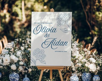 Botanische Hortensie Hochzeit Willkommensschild, Garten Hochzeit, bearbeitbare Canva Vorlage, elegant floral, 18x24"