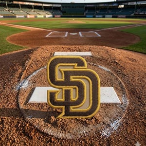 Puede incluir: Un campo de béisbol con el logotipo de los Padres de San Diego en el montículo del lanzador. El logotipo es marrón con un contorno dorado, sobre un fondo de hierba verde y gradas.