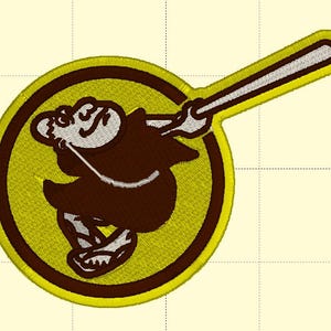 Può includere: Un personaggio dei cartoni animati marrone che indossa una tunica marrone e tiene una mazza da baseball marrone. Il personaggio è all'interno di un cerchio giallo con un contorno marrone.