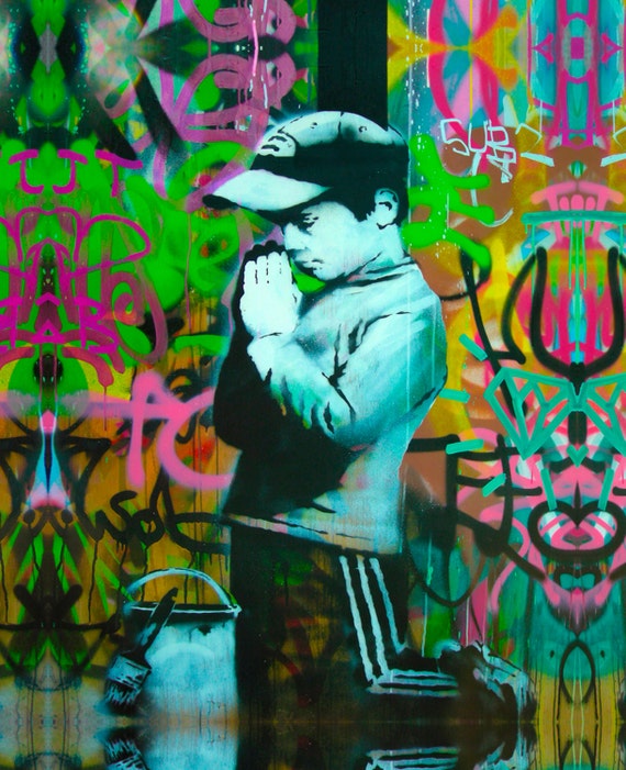 ACEO Banksy Boy With Machine Gun Graffiti Street Art Canvas Giclee Print