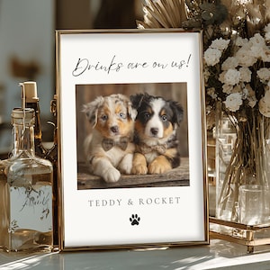 Drinks on Me Dog Bar-bord, aangepast huisdier Signature-drankmenu, bewerkbaar bord met bruiloftsbar voor dierenliefhebbers, afdrukbaar hondencocktailbord 4024