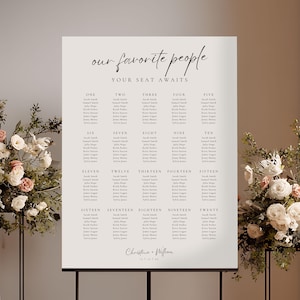 以下が含まれることがあります： 「our favorite people」と「your seat awaits」の文字が入ったウェディングの座席表。黒い金属製のスタンドにあり、フラワーアレンジメントとキャンドルに囲まれています。名前は列にリストされています。