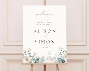 The Night Before Wedding Sign Dusty Blue Sage Green | Editable Canva Welcome Sign | Floral Rehearsal Dinner Sign | Digital Download | 4010
