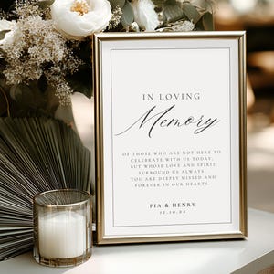 May include: A framed sign with the words "In Loving Memory" in elegant script, alongside a heartfelt message. The sign is set against a backdrop of white flowers and greenery, with a candle in a gold-rimmed glass.