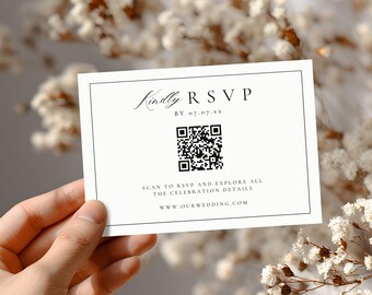 Modèle de carte RSVP QR Code, insertion de réponse en ligne mariage minimaliste, carte de site Web de mariage moderne modifiable, téléchargement numérique imprimable 4011