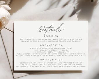 Modern Minimal Wedding Details Insert Enclosure Card, Editable Customizable Reception and Accommodation Card, Instant Download 4035