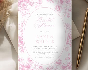 Pink Toile Wedding Shower Invitation Template, Elegant Floral Bridal Shower Invite,  Chinoiserie Printable Invitation, Digital Download 2032