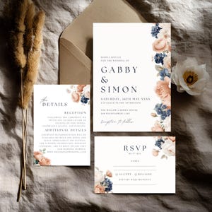 Burnt Orange and Navy Floral Wedding Invitation Bundle | Fall Wedding Invite Suite | Editable Terracotta Wedding Template 4006