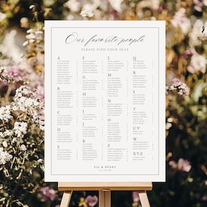 May include: A white seating chart on a wooden easel with the text "Our favorite people" and "Please find your seat." The chart lists names alphabetically by last name. The names are in black font. The names are for the wedding of Pia & Henry.