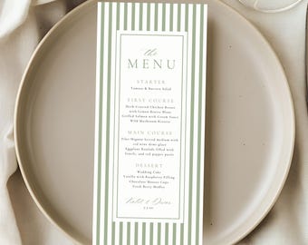 Groen gestreepte menusjabloon, elegant bruilofts- of vrijgezellenfeestmenu, bewerkbare afdrukbare, dinerkaart receptie, decor instant download 4058