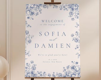 Engagement Party Signs Blue Chinoiserie, Chic Editable Welcome Sign, Perfect for Bridal Showers and Events 4061