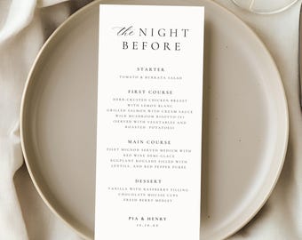 前夜のディナーメニューテンプレート、編集可能なリハーサルディナーメニュー、印刷可能なウェディングメニューカード、モダンなデザイン、デジタルダウンロード4011