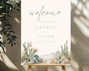 Kaktus Hochzeit Willkommensschild Vorlage, bearbeitbares Boho Brautduschenschild, druckbares Wüstenhochzeitsdekor, Sukkulenten-Themenschild Download 4021