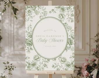 Toile Baby Shower Welcome Sign, Green Vintage Floral Template, Customizable Decor for Your Special Day 3051