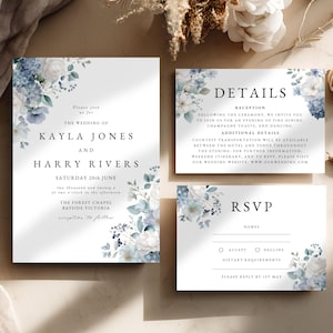 Dusty Blue Floral Wedding Invitation Set Template | Editable Canva Digital Invite with RSVP, Details Card | Printable Wedding Suite 4016