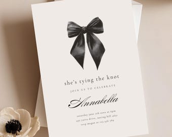Black Bow Bridal Shower Invitation, Modern Editable Template, Printable Digital Download for Wedding Shower 2041