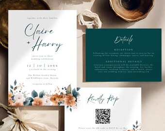 Teal en roest bruiloft uitnodiging sjabloon, Boho bewerkbare uitnodigingssuite, afdrukbare herfsthuwelijksuitnodiging, digitale download RSVP-kaarten 4026