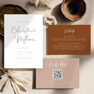 Puede incluir: Conjunto de invitaciones de boda con una tarjeta de invitación blanca con los nombres "Christina + William" en escritura marrón. Incluye tarjetas de detalles y RSVP en colores complementarios. Elementos decorativos.