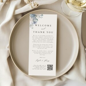 Wedding Thank You Place Card, Editable QR Code Table Setting, Dusty Blue Floral Printable Reception Note, Digital Download Template 4016