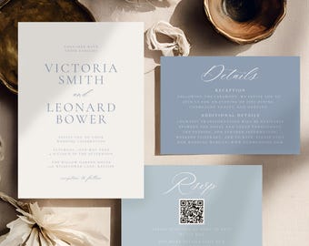 Puede incluir: Un conjunto de invitaciones de boda con una tarjeta de invitación principal, una tarjeta de detalles y una tarjeta de confirmación de asistencia. La tarjeta principal es blanca con texto azul, anunciando la boda de Victoria Smith y Leonard Bower.