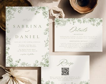 Suite de faire-part de mariage en toile verte, élégant téléchargement numérique, modèle de toile modifiable, carte RSVP florale vintage, ensemble d'invitation de mariage 4072
