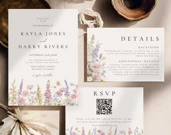 Bruiloftsuitnodiging met wilde bloemen, bewerkbare bloemensjabloon met QR-code, digitale RSVP, grillig ontwerp 4064